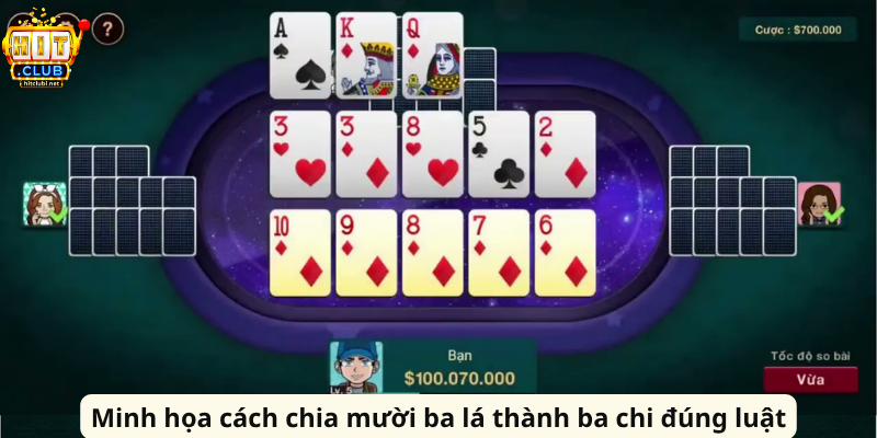 Bài Mậu Binh HitClub - Bí Quyết Xếp Chi Chuẩn Cao Thủ Minh họa cách chia mười ba lá thành ba chi đúng luật